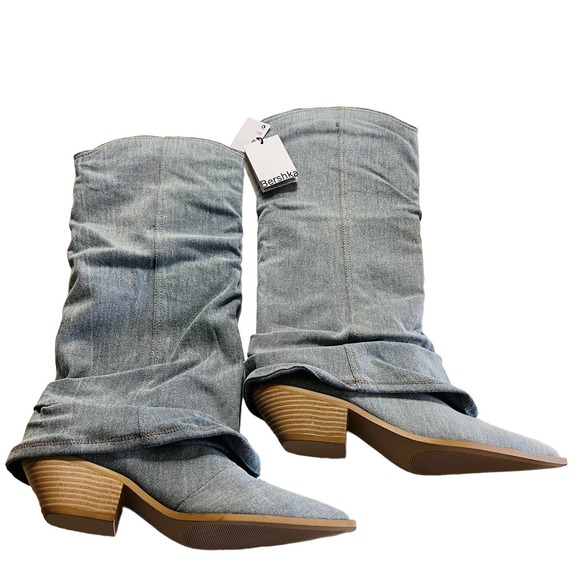 Bershka Denim Pointed Toe Layered Western Boots Size 41 NWT Blue - Picture 3 of 7
